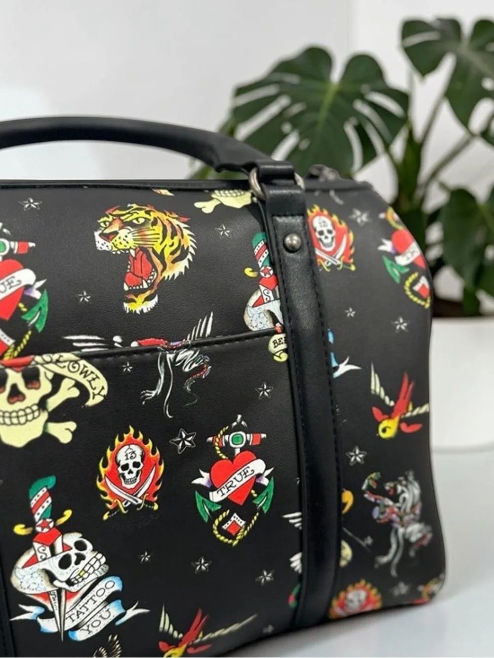 Ed Hardy BLACK AOP TATTOO Graphics JOSIE SATCHEL CROSSBODY HAND BAG Y2K